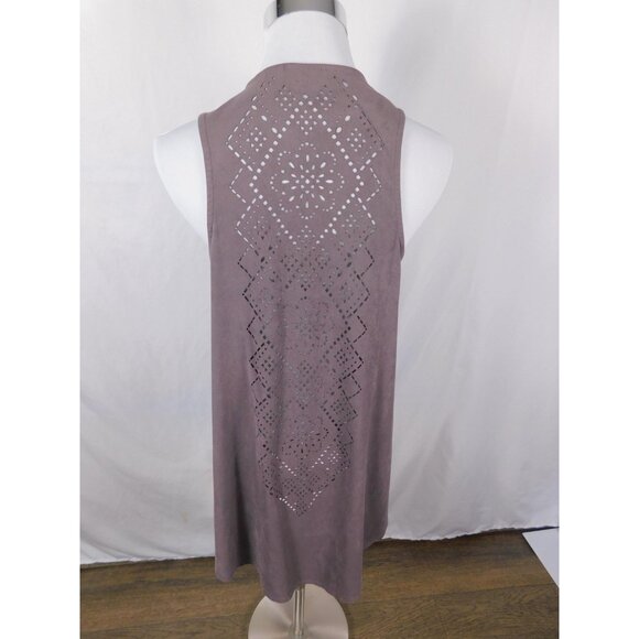 Cato Vest Womens Medium Taupe Open Front Sleeveless Laser Cut Back Faux Suede - Picture 7 of 12